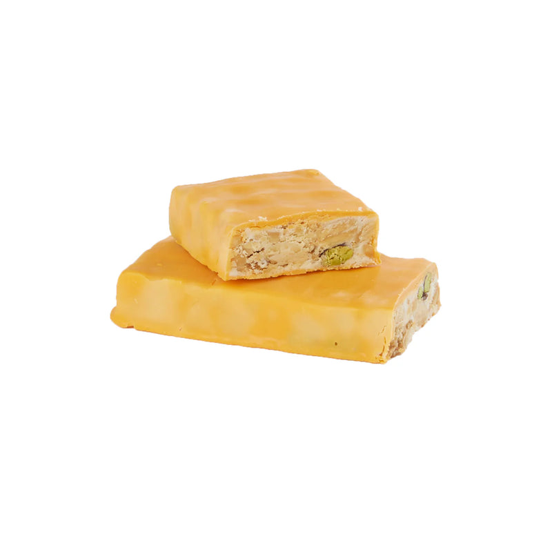 Fiasconaro Torrone Covered w/ Orange White Chocolate, Soft Nougat, 5.29 oz | 150g