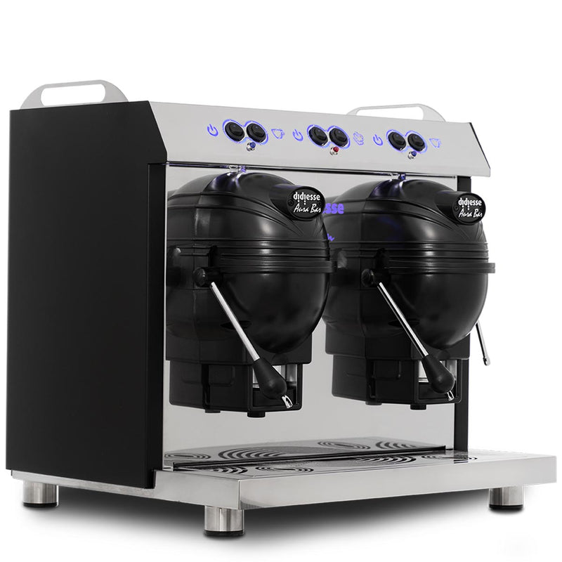 Double espresso machine with black nozzles on a white background