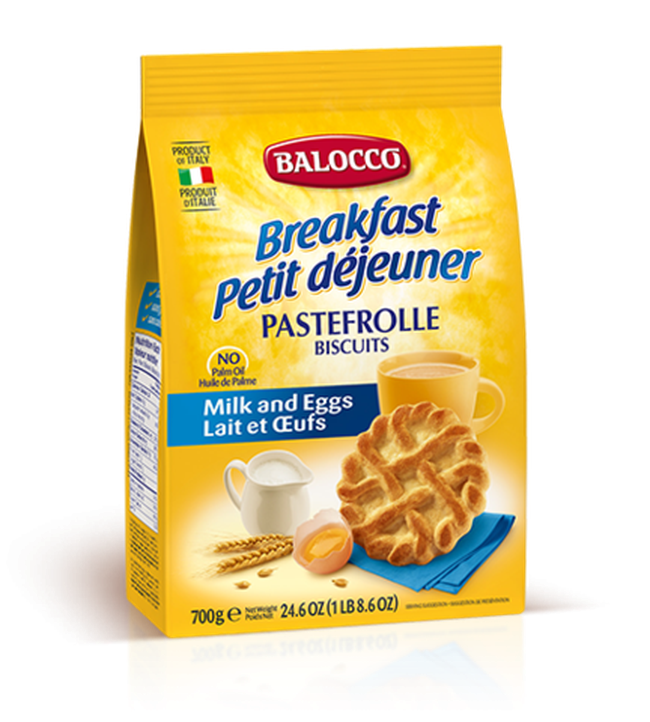 Packaging of Balocco Pastefrolle Biscuits showing the product name, an image of the biscuits, and the net weight of 24.6 oz (700g).