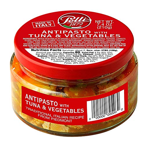 A jar of Polli Antipasto with Tuna & Vegetables. The label indicates that it is a product of Italy and weighs 7.4 oz (210g).