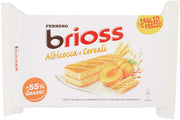 Packaging of Ferrero Brioss Frutta Apricot, showing the product name, apricot illustration, and some text highlighting a reduction in fat content.