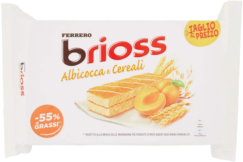 Packaging of Ferrero Brioss Frutta Apricot, showing the product name, apricot illustration, and some text highlighting a reduction in fat content.