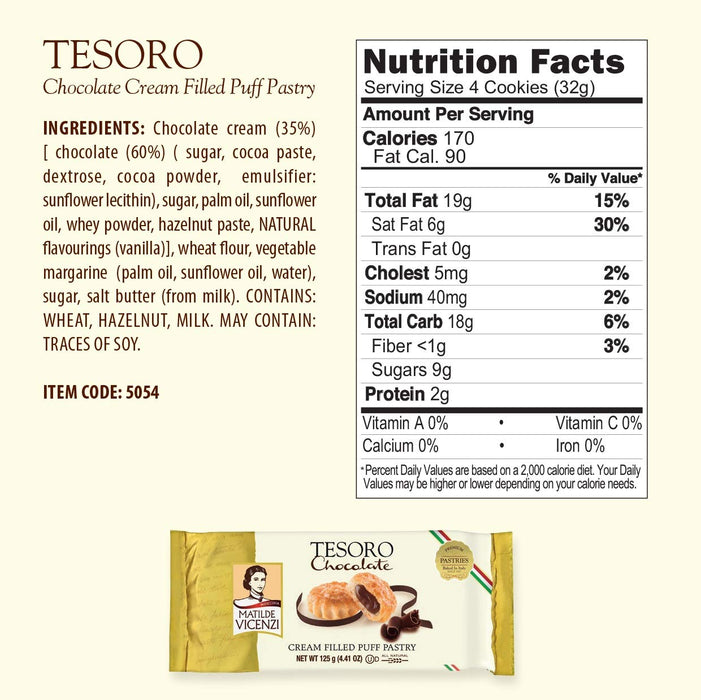Vicenzi Tesoro Chocolate, Cream Puff Pastry, 2.29 oz | 65g