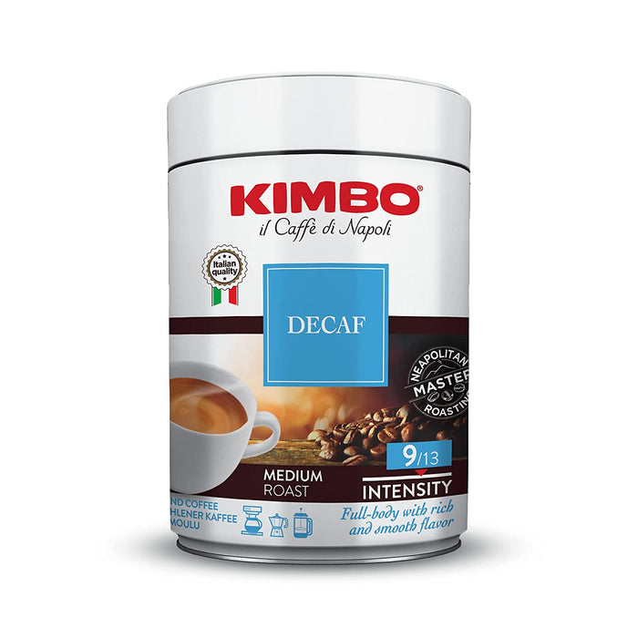 Kimbo Decaffeinated Ground Coffee, Decaffeinato, 2.8oz | 250g Tin