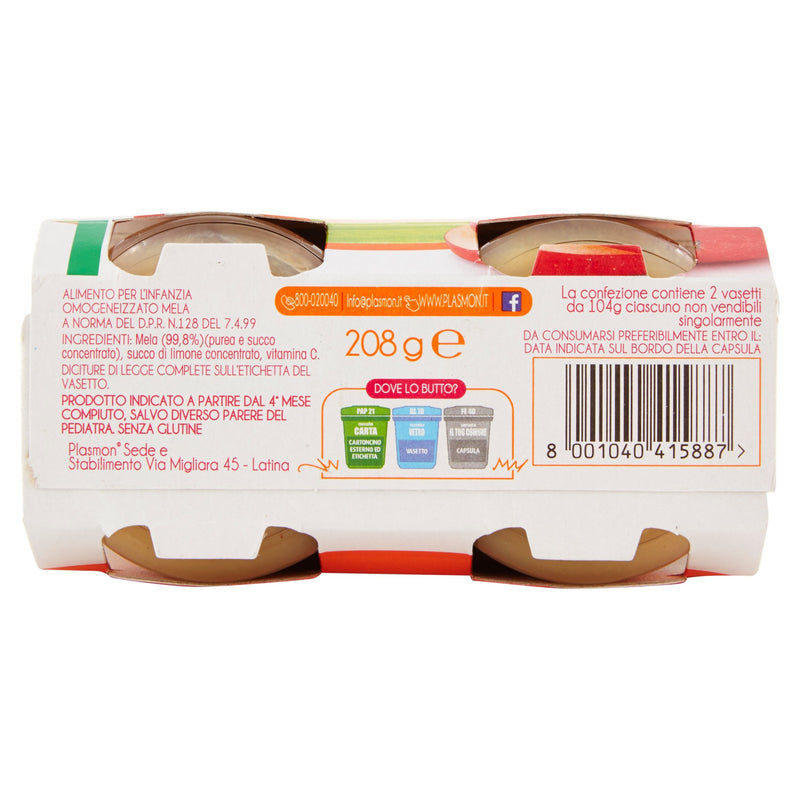 Plasmon Apple Sauce, Omogeneizzato Mela, 2 x 104 g