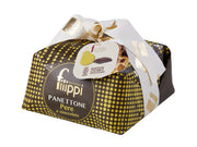 Packaged Filippi Panettone cake with pear and chocolate flavors, wrapped in foil with a golden ribbon, on a white background.