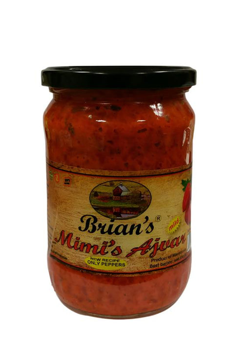 A jar of Brian's Mimi's Ajvar Mild, which appears to be a red pepper relish. The jar is labeled with the product name and weight of 20.