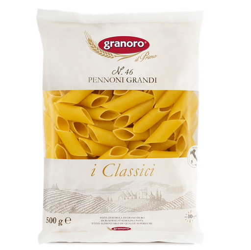 Packaging of Granoro Pennoni Grandi Pasta showing the product name and the pasta itself through a transparent window, indicating a yellow cylindrical pasta shape.