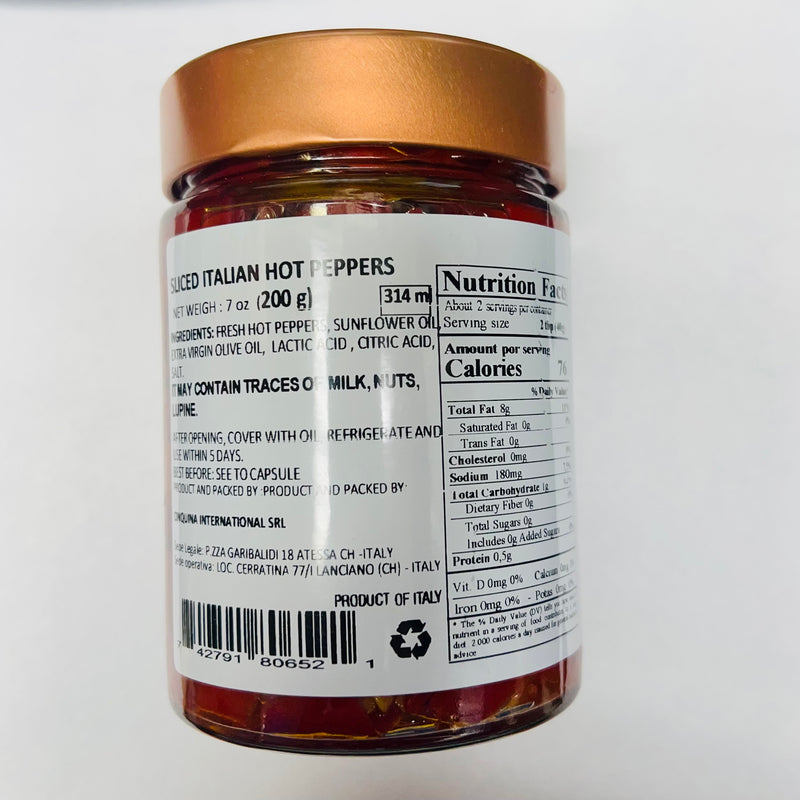 Cinquina Sliced Italian Hot Peppers, 7 oz | 200g