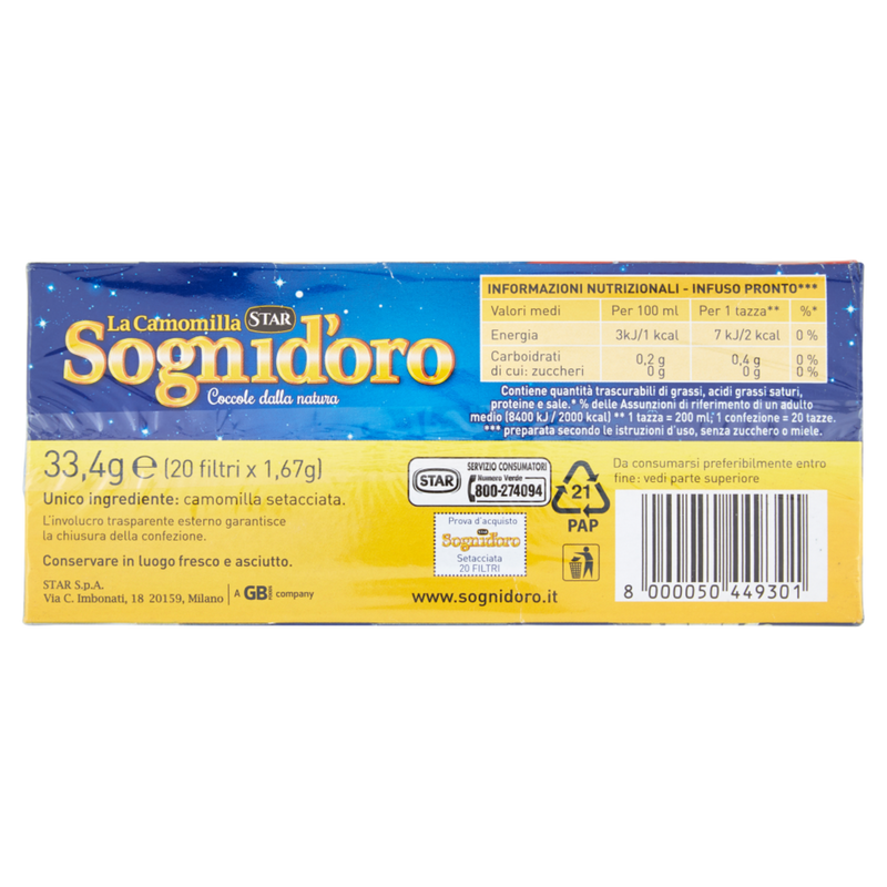 Sognidoro Chamomile Herbal Tea, 20 Bags, 1.7 oz | 33.4g