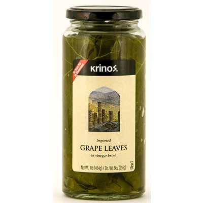 A jar of Krinos Grape Leaves in brine. The label shows the product name and an image of grape leaves.