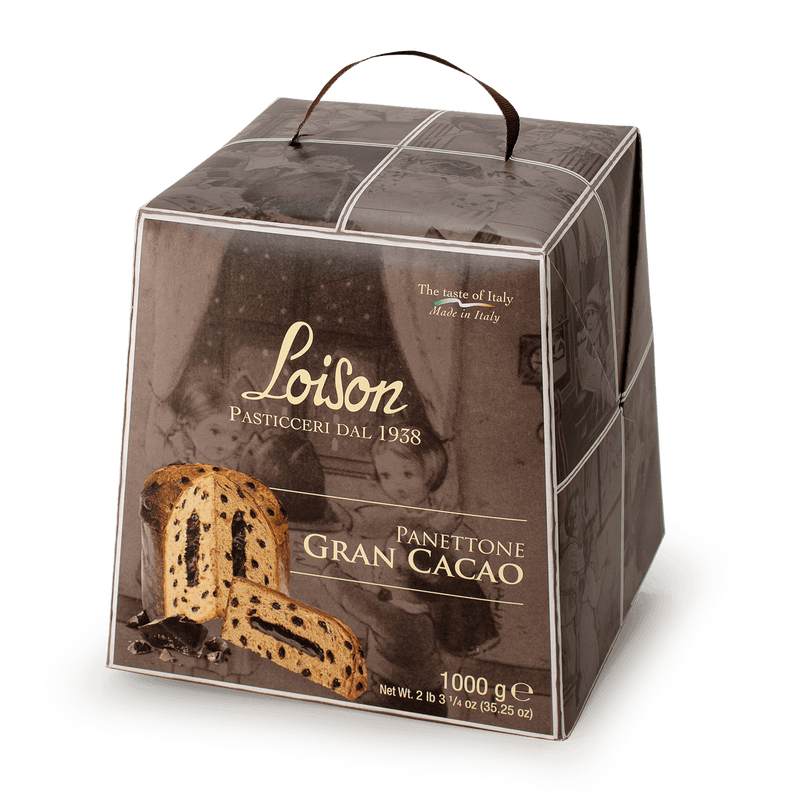 Packaging of Loison Panettone Gran Cacao, showing the box and the sliced panettone with chocolate chips