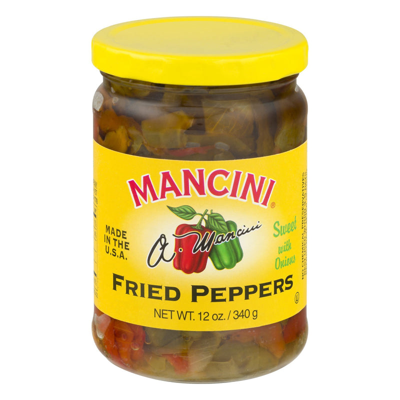 A jar of Mancini Fried Peppers, 340g, with a yellow lid and a label that includes the brand name and product name.