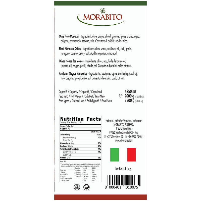 Morabito Monacale Black Olives, Olive Nere Monacali, 5 lb 8 oz | 2500g
