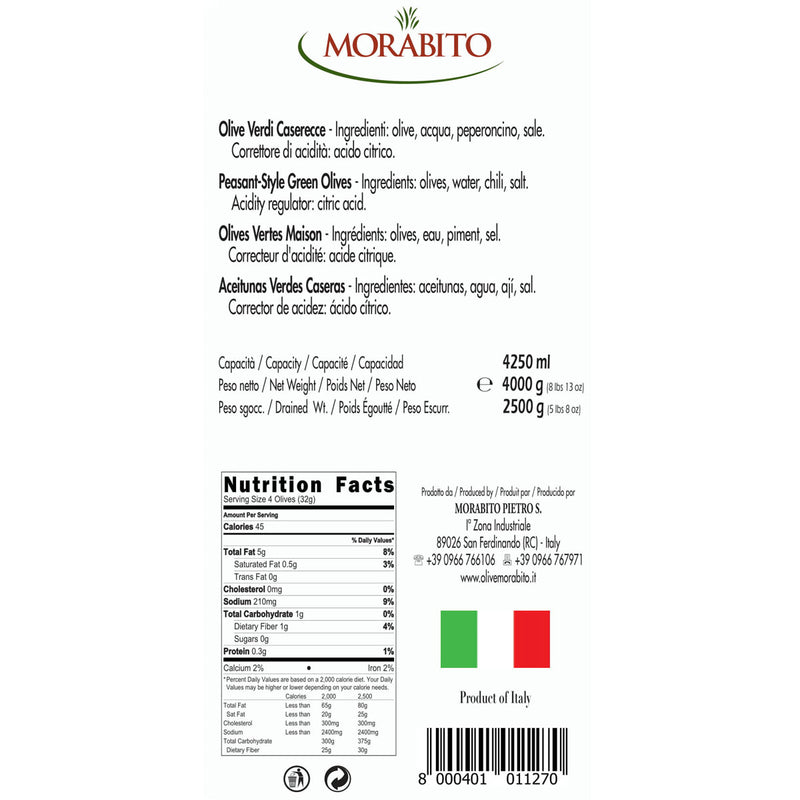 Morabito Peasant-Style Green Olives, Olive Verdi Caserecce, 5 lb 8 oz | 2500g