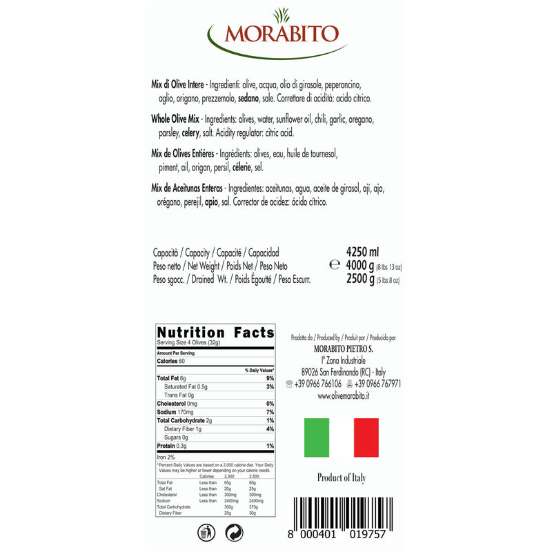 Morabito Whole Mix Olives, Mix di Olive Intere, 5 lb 8 oz | 2500g