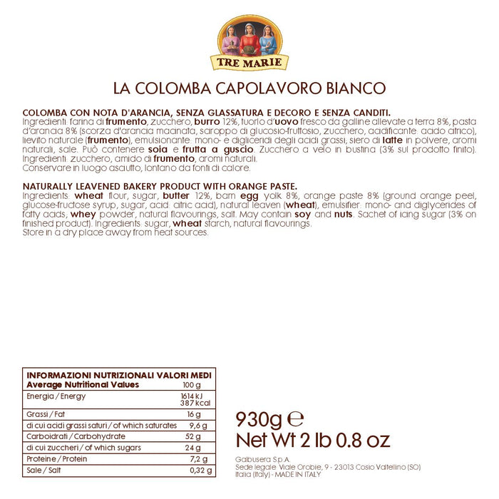 Tre Marie White Colomba Masterpiece, Capolavoro Bianco, 36.8 oz | 930g