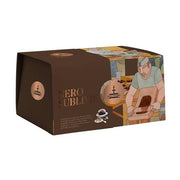 Packaged box of Fiasconaro Panettone topped with strawberry jam and chocolate coating, featuring an illustration of a chef on the box.