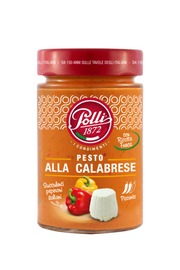 A jar of Polli Pesto Sauce with ricotta cheese and peppers, displaying the product name, an image of a tomato and cheese, and the net weight of 6.7 oz.