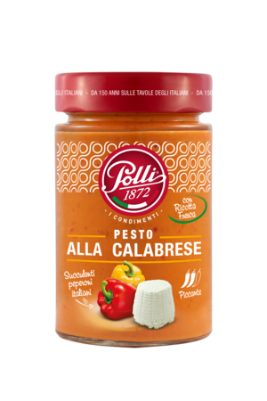 A jar of Polli Pesto Sauce with ricotta cheese and peppers, displaying the product name, an image of a tomato and cheese, and the net weight of 6.7 oz.