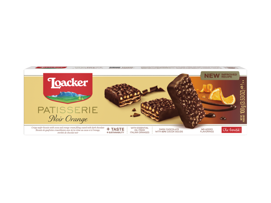 Loacker Patisserie Noir Orange Dark Chocolate Wafer, 3.53 oz | 100g