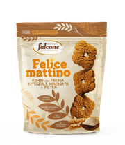 Packaging of Falcone Rombi Mattino Whole Wheat Cookies showing the product name, a image of the cookies, and the phrase 'Made in Italy'.