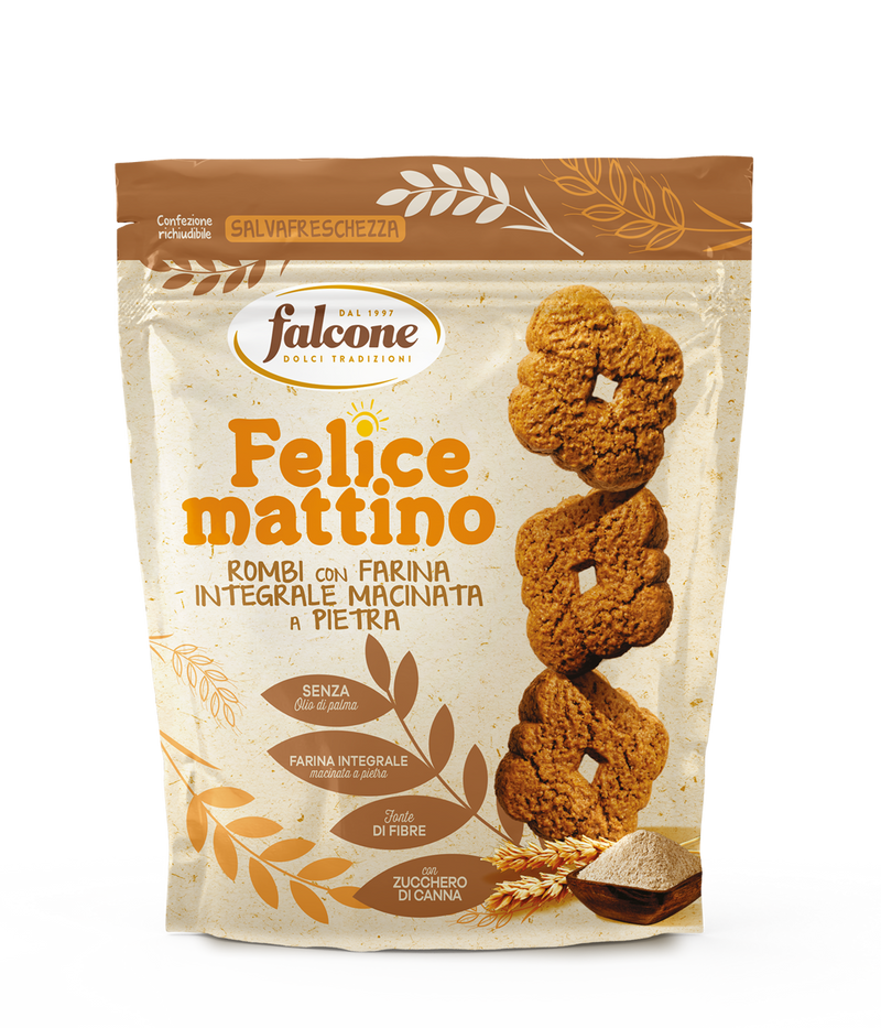 Packaging of Falcone Rombi Mattino Whole Wheat Cookies showing the product name, a image of the cookies, and the phrase 'Made in Italy'.