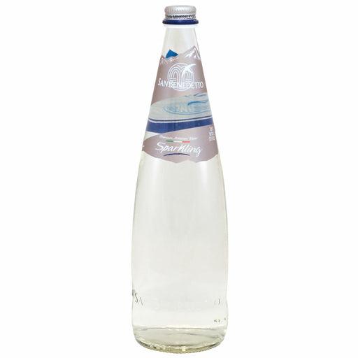A clear glass bottle containing San Benedetto Sparkling Mineral Water with a label that includes the brand name and the word 'Sparkling' on a blue gradient background.