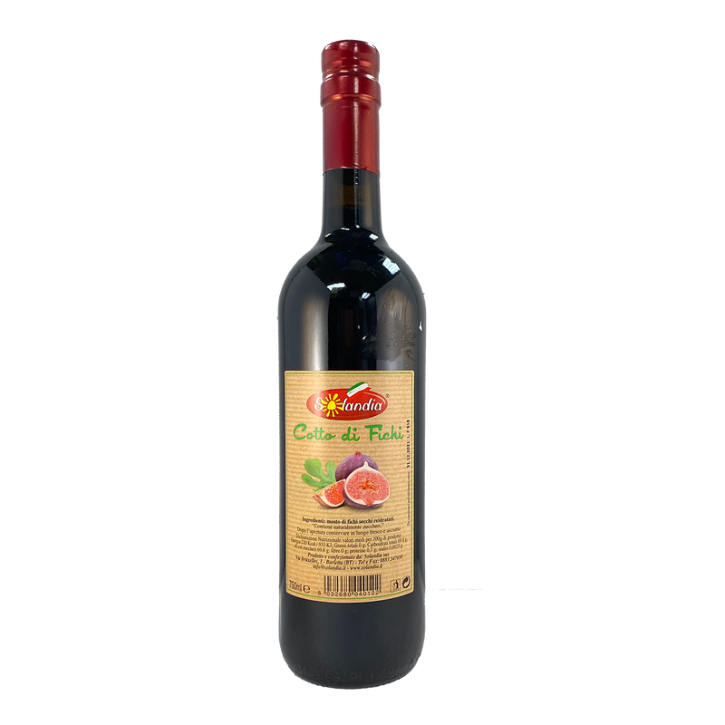 A bottle of Solandia Fig Vincotto with a label showing figs and text, indicating the product is a sweet cooking syrup made in Italy.