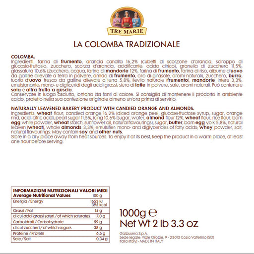 Tre Marie Colomba Cake Classic Italian Easter Cake Tradizionale, Special Roman Milan Box , 35.27 oz | 1000g