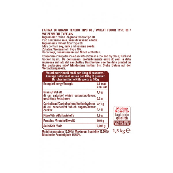 Molino Rossetto Flour Type "00", Idea for all Baking, 3.3lb | 1.5 kg