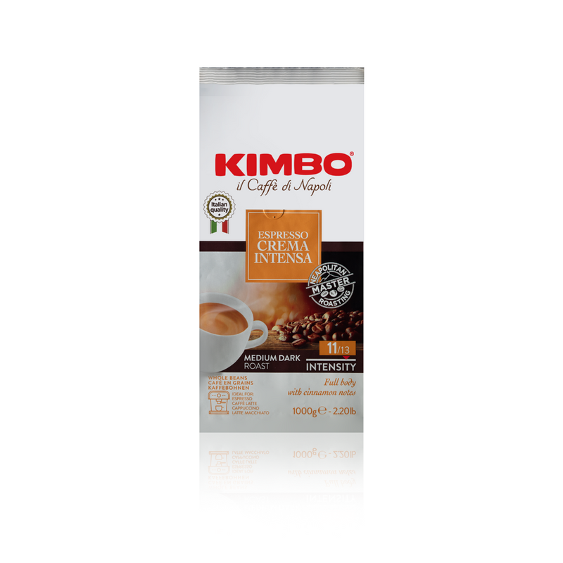 A package of Kimbo Espresso Crema Intensa Beans, medium dark roast, displayed against a white background.