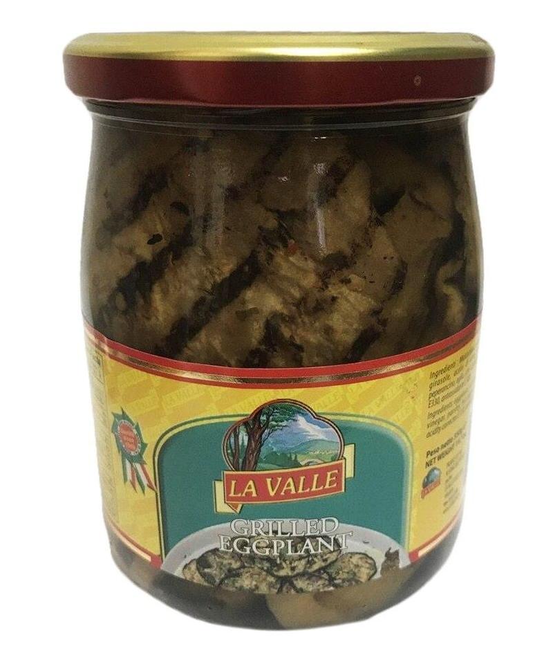 Jar of La Valle grilled eggplant, showing the eggplant inside and product information on the label.