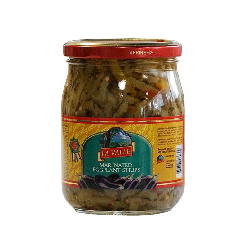 A jar of La Valle marinated eggplant stripes, with visible eggplant pieces through the clear glass jar. The label indicates that the product is Italian.