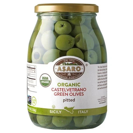 Asaro Organic Pitted Castelvetrano Green Olives jar, 19 oz | 550g