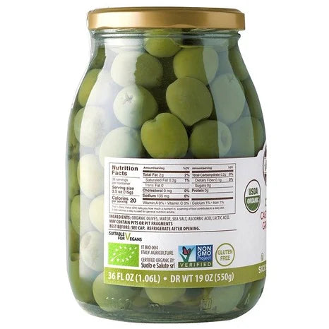 Asaro Organic Pitted Castelvetrano Green Olives jar, 19 oz | 550g