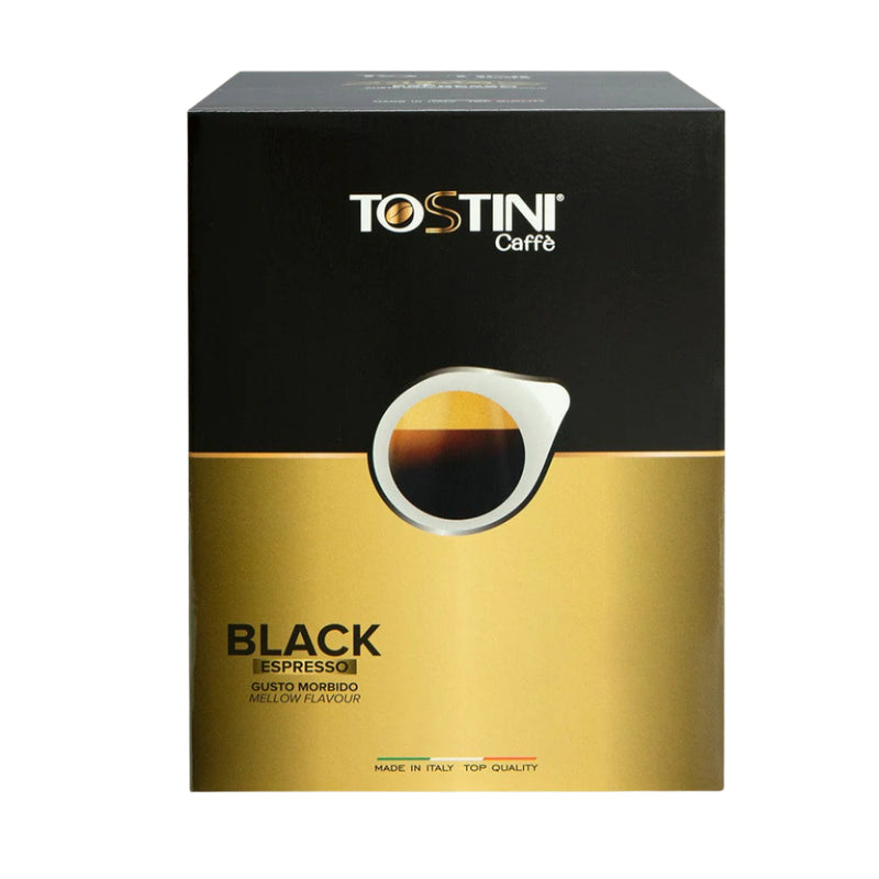A package of Tostini Black Espresso Pods with a graphic of a cup of coffee on the front.