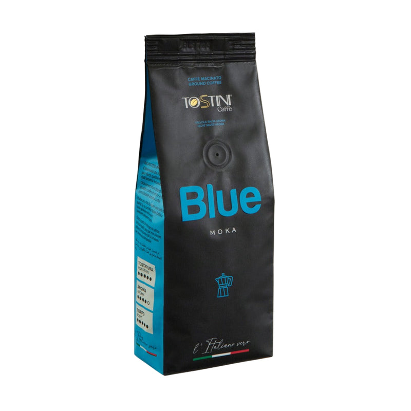 A package of Tostini Blue ground coffee, 8.8 oz, with a predominantly black design featuring blue accents and white text.
