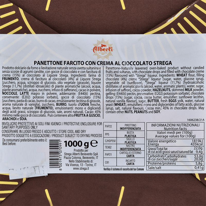 Strega Panettone with Chocolate Drops and Strega Liqueur Cream, 35.27 oz | 1000g